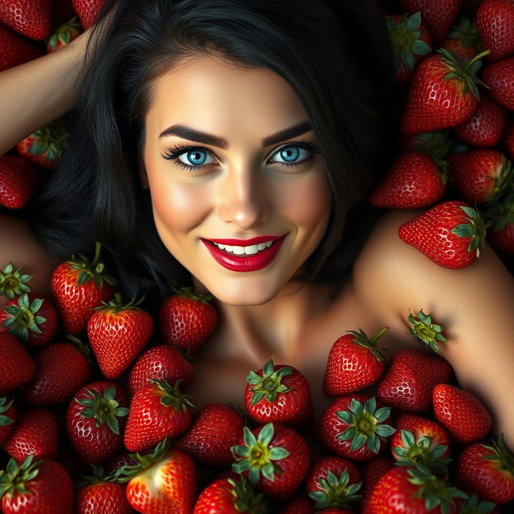 Elegant Woman Surrounded by Strawberries