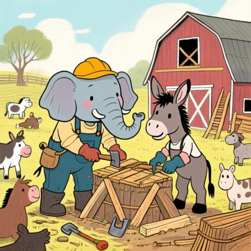 Tim Burtonesque Elephant and Donkey Barn Raising