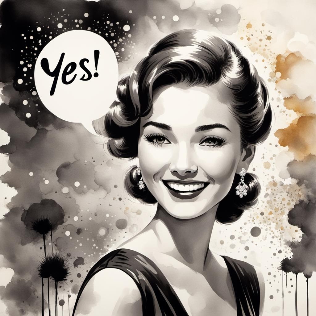 Smiling Girl in 50s Dress Says Yes, Sumi-e Style