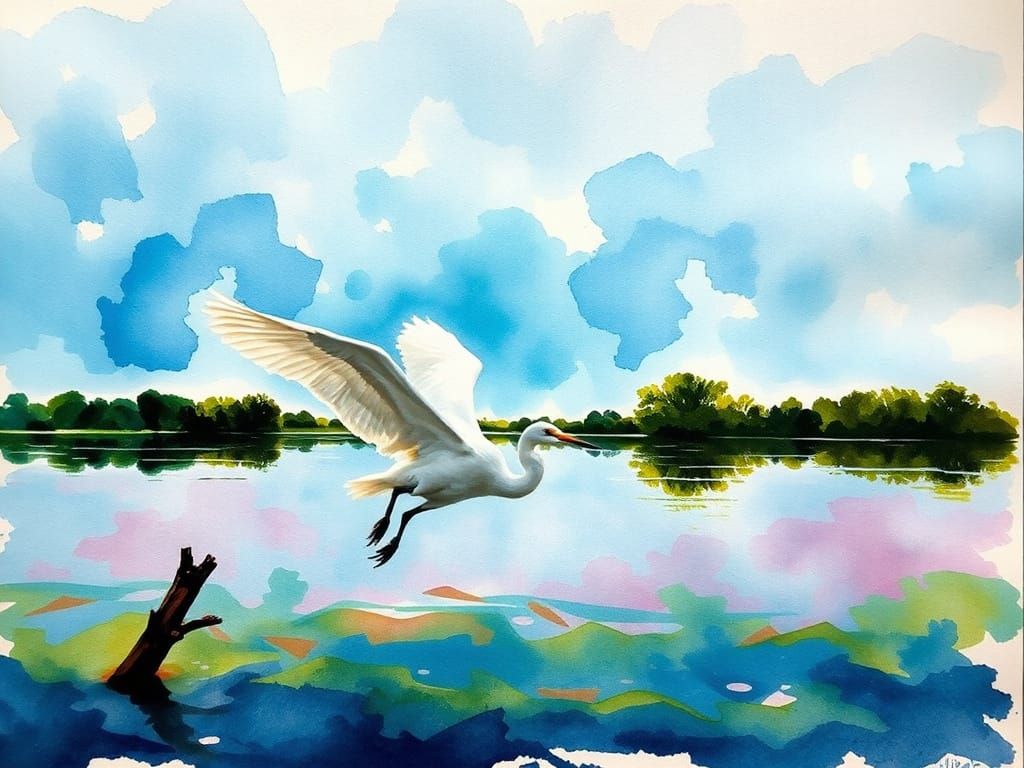 Egret in Flight: Abstract Expressionist Watercolor
