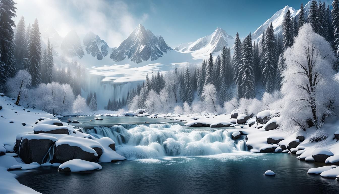 Cinematic Snowy Mountain Landscape with Waterfall
