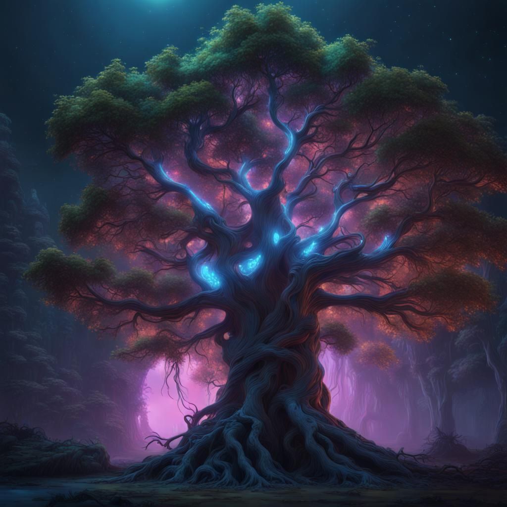 Bioluminescent Tree in Enchanted Forest: Fantasy Concept Art