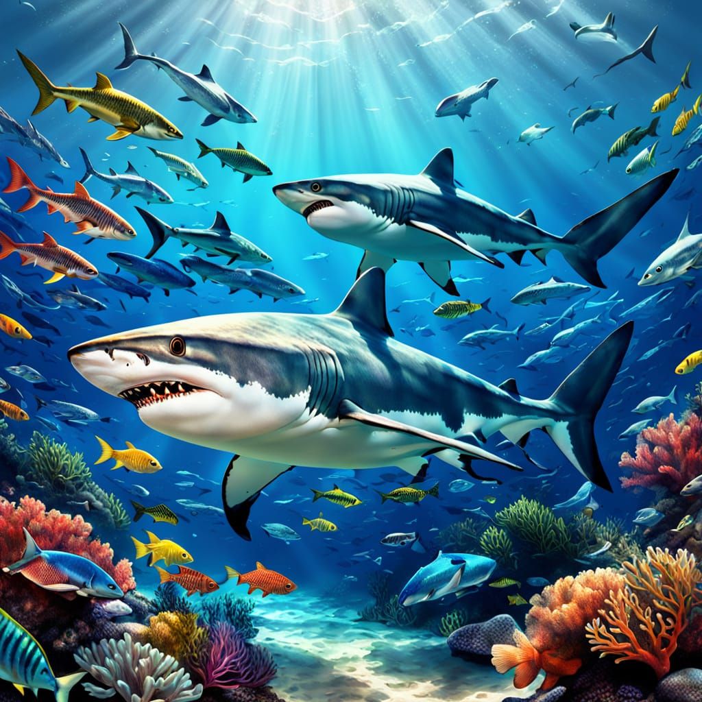 Vibrant Underwater Scene: Shark and Fish Swim Together