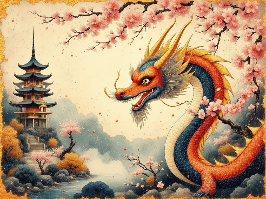 Asian Dragon Guards Pagoda in Kano-ha Style