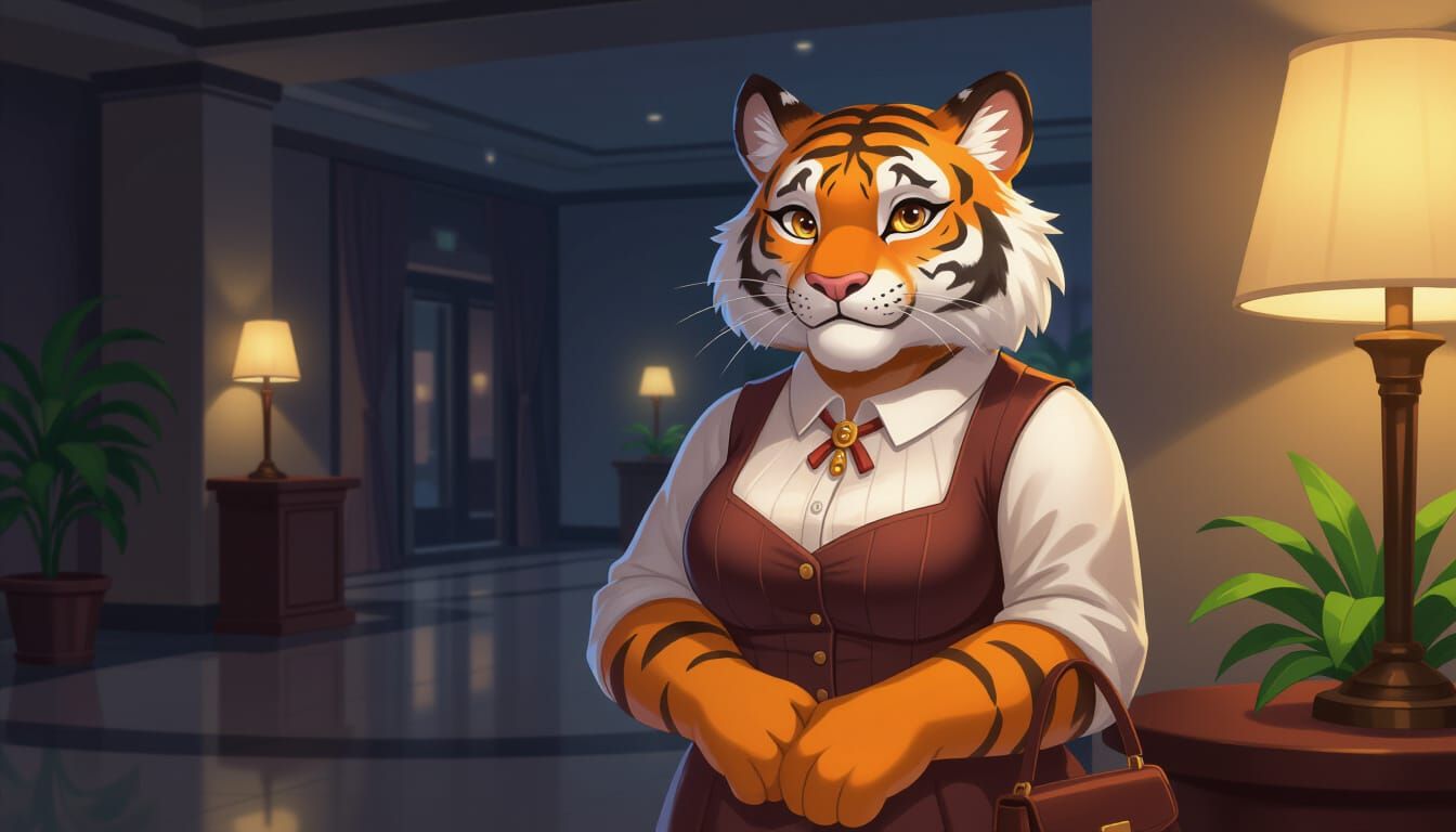 Curvy Anthro Tiger Lady in Hotel Lobby