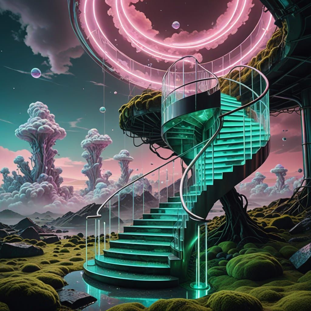 Chrome Staircase Ascends into Neon Cloudscape