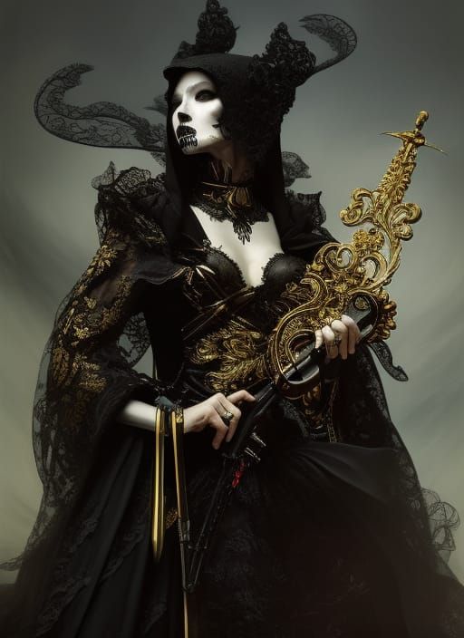 Grim Reaper's Baroque Masquerade: Detailed Ink Painting