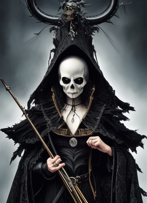 Grim Reaper's Baroque Masquerade Ball in Ink Painting