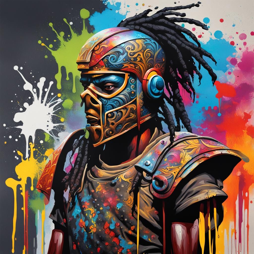 Ebony Amazon Warrior in Graffiti Splash Art
