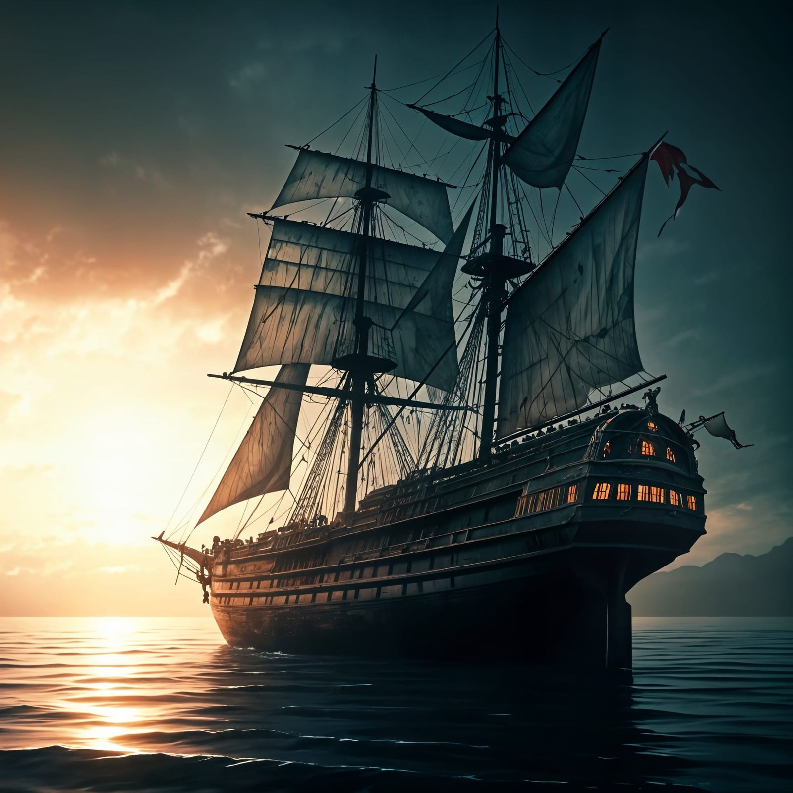 Sailing Ship at Pale Sunrise in Studio Ghibli Style