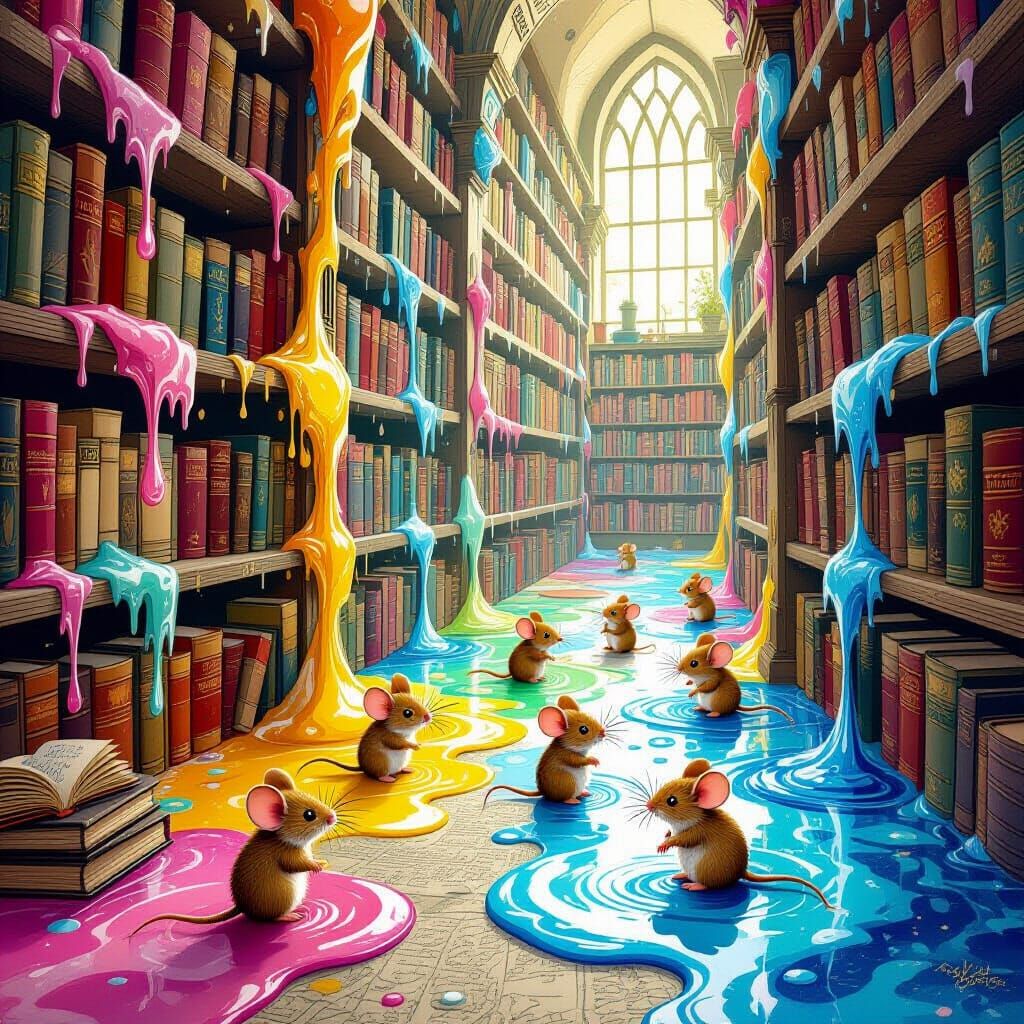 Whimsical Library of Liquid Books With Tiny Mice