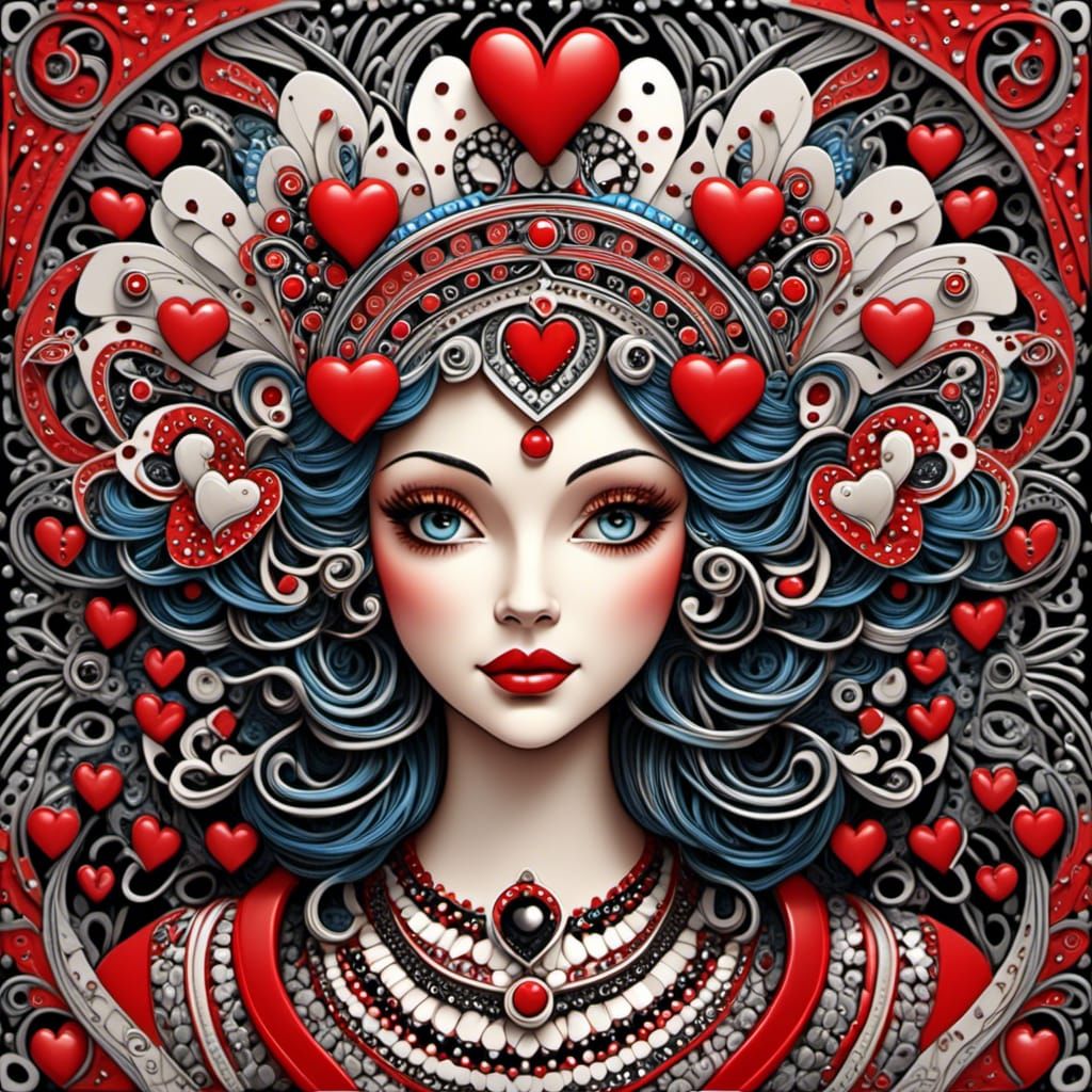 Intricate 3D Zentangle Queen of Hearts Fantasy Art