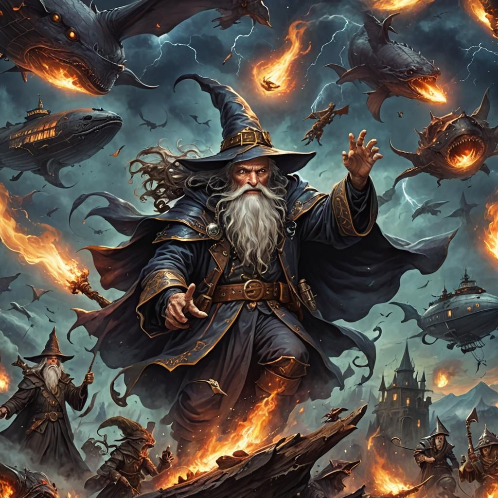 Mad Wizard's Apocalyptic Battle in Punk Fantasy Style
