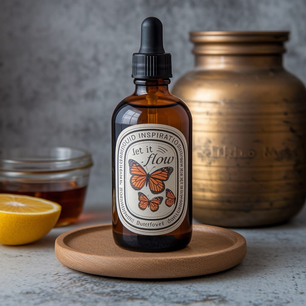 Vintage Butterfly Label on Amber Glass Bottle