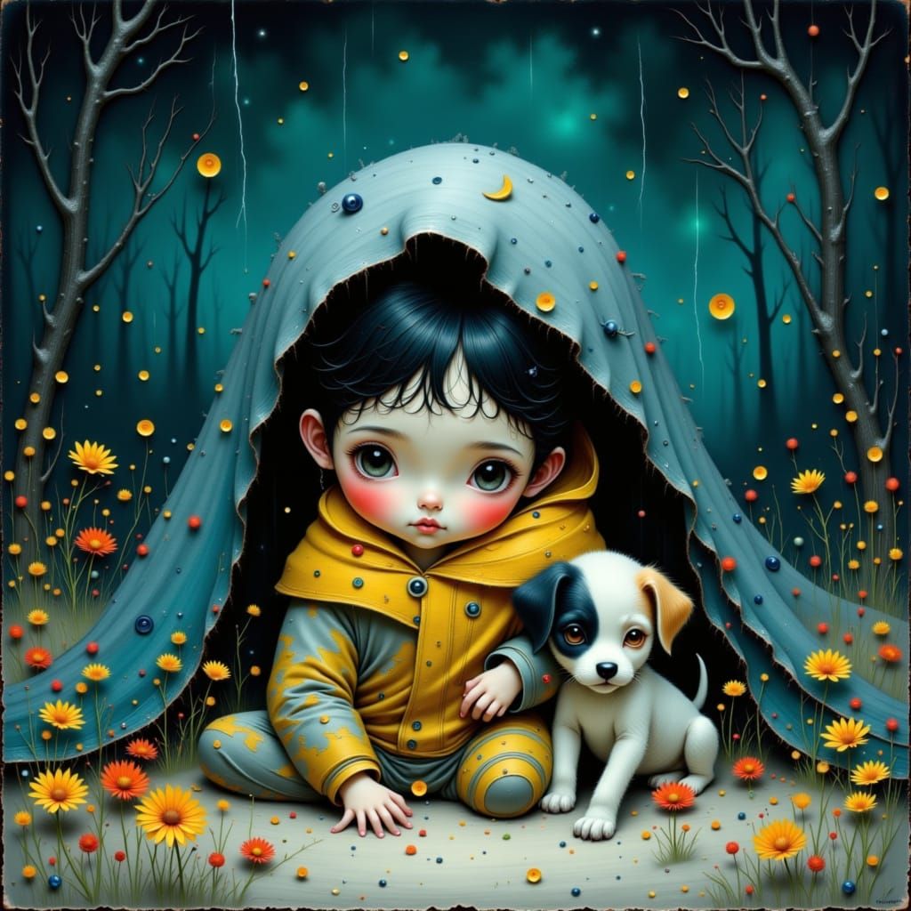 Boy and Puppy Hiding During Storm, Beatrix Potter Style