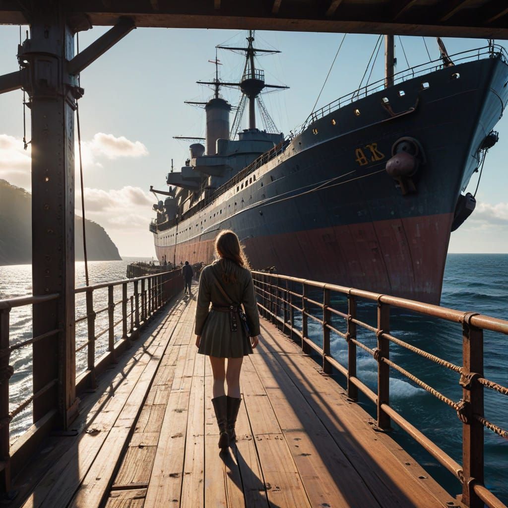 Young Woman Stands at Rail of Vintage Ship Gazing Out at Wea...
