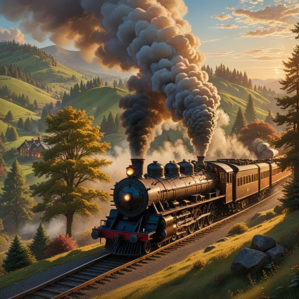 Ethereal Fantasy Locomotive Crossing a Golden Hour Russian S...