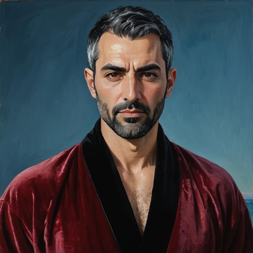 Iranian Man in Velvet Robe: Neo-Impressionist Oil Painting