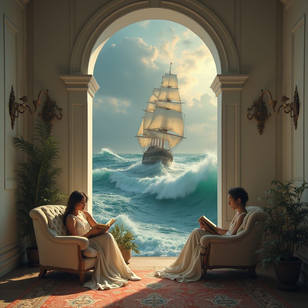 Uma cena surreal e mágica em um salão clássico de arquitetur...