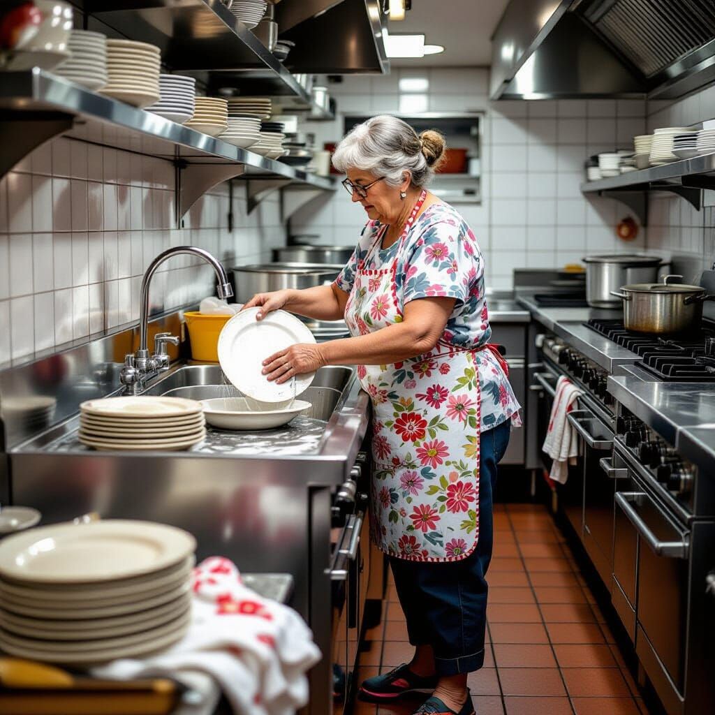 Elderly Woman Washes Dishes in Cozy Restaurant Kitchen