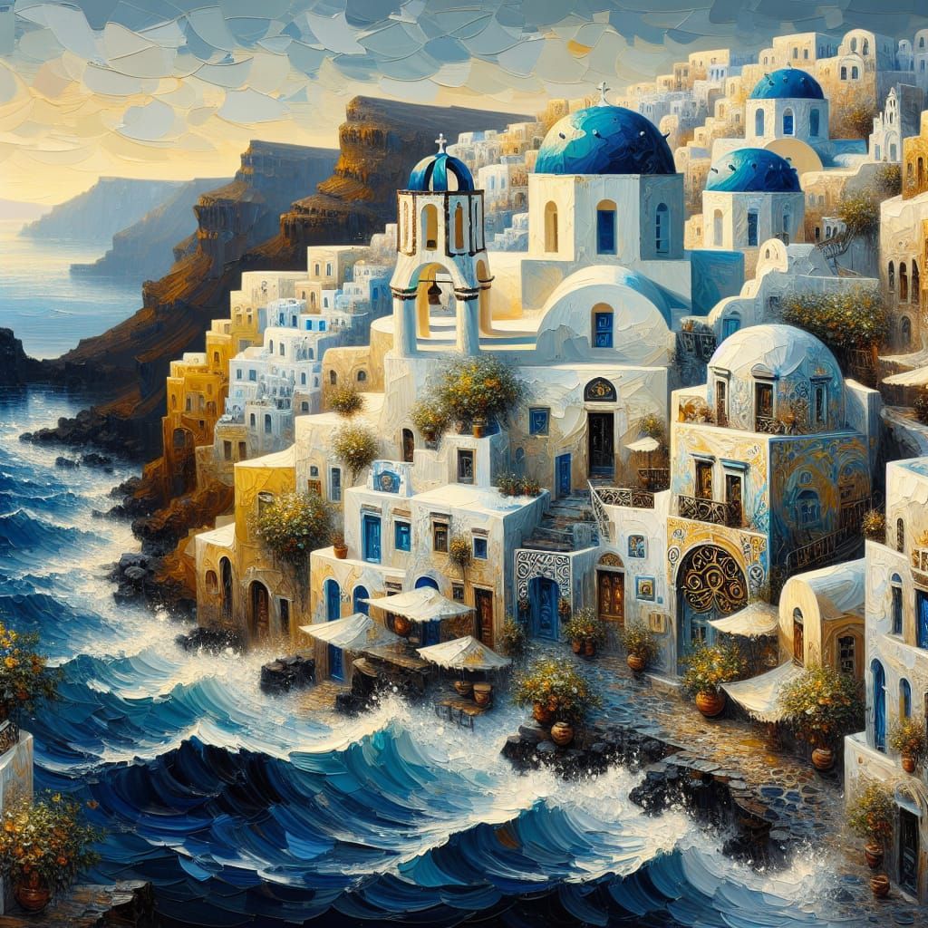 Impasto Oil Painting of Whimsical Santorini Village