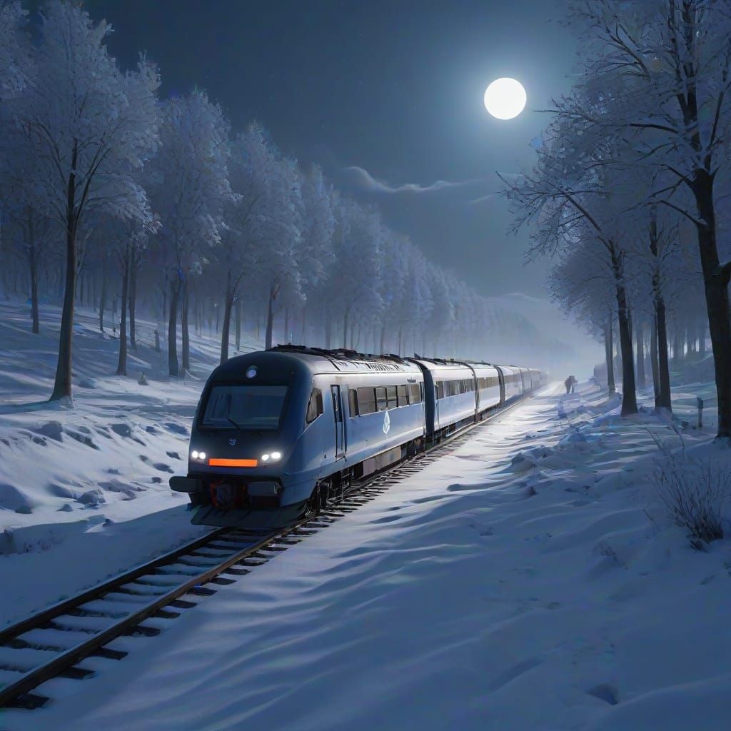 High-Speed Train Through Snowy Winter Landscape