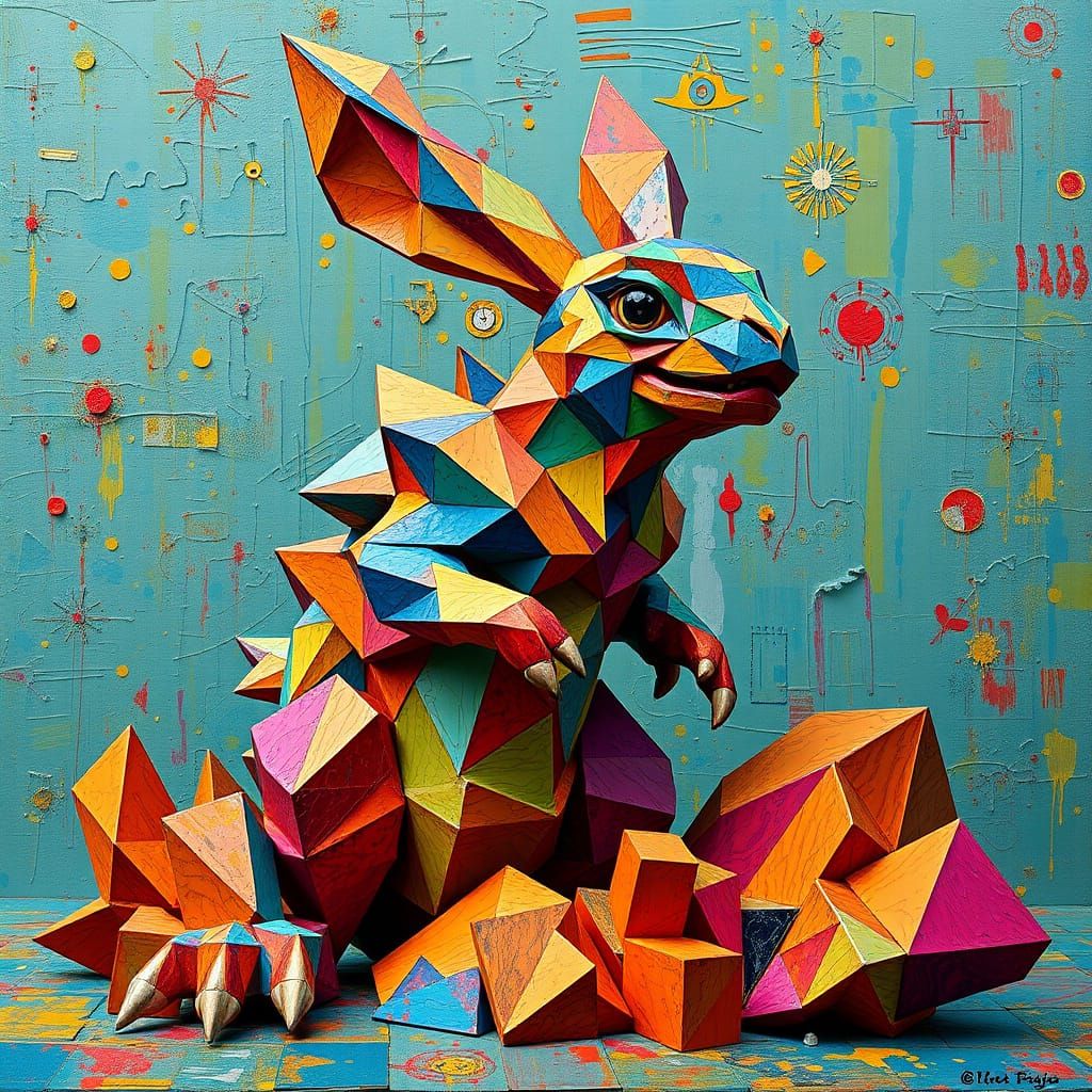 Abstract Geometric Bunny Zilla Sculpture in Surreal Colors