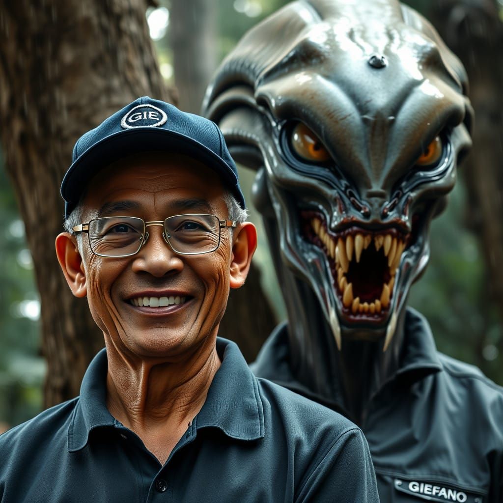 Confident Indonesian Man Faces Towering Alien in Lush Tropic...