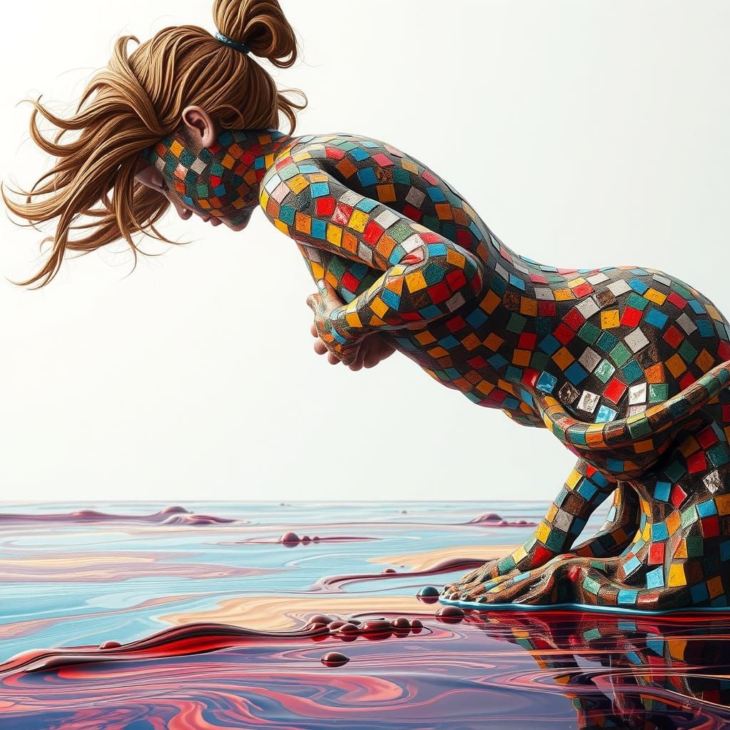 Ceramic Tile Woman Above Multicolored Lake