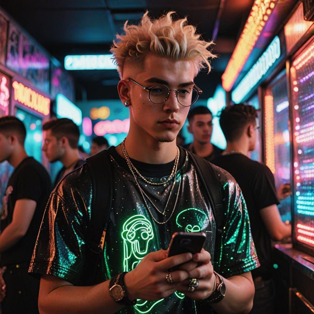 Grunge Guy Dances Under Neon Lights