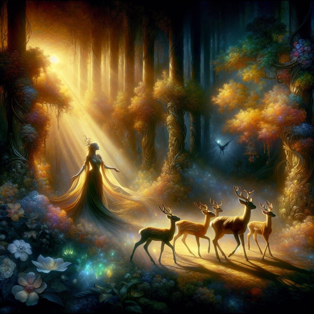 Mother Nature and Fawns in Enchanted Forest