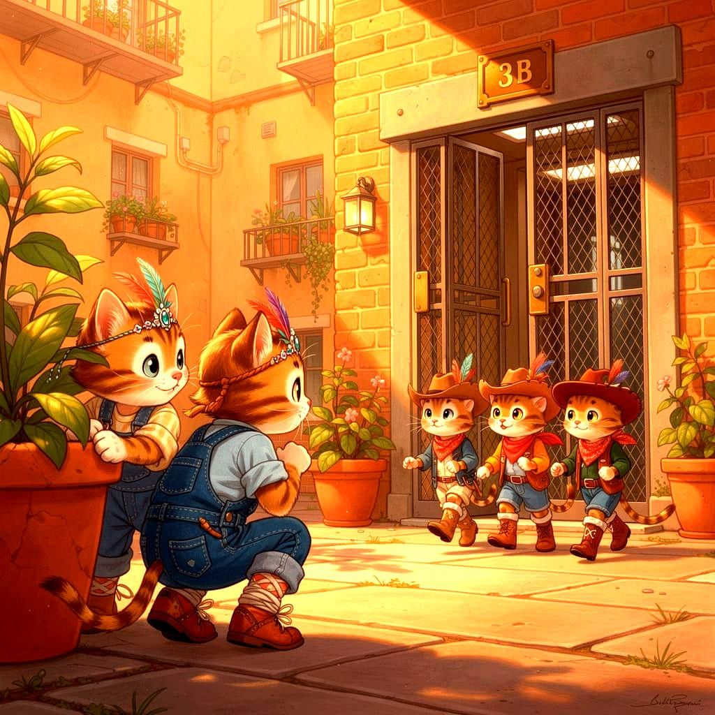 Kitten Children in Denim Hiding in Courtyard