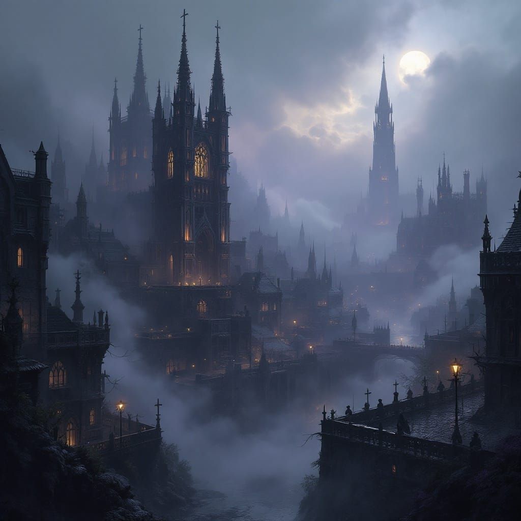 Dark Fantasy Cityscape in Mystical Atmosphere