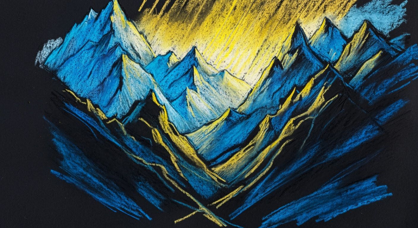 Spectacular Mountainscape in Bold Blue and Yellow Crayon Sty...