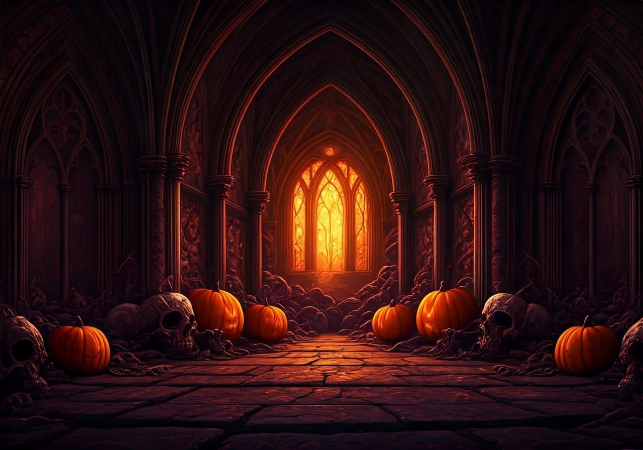 Ethereal Pumpkins and Skulls in Mystical Halloween Scene
