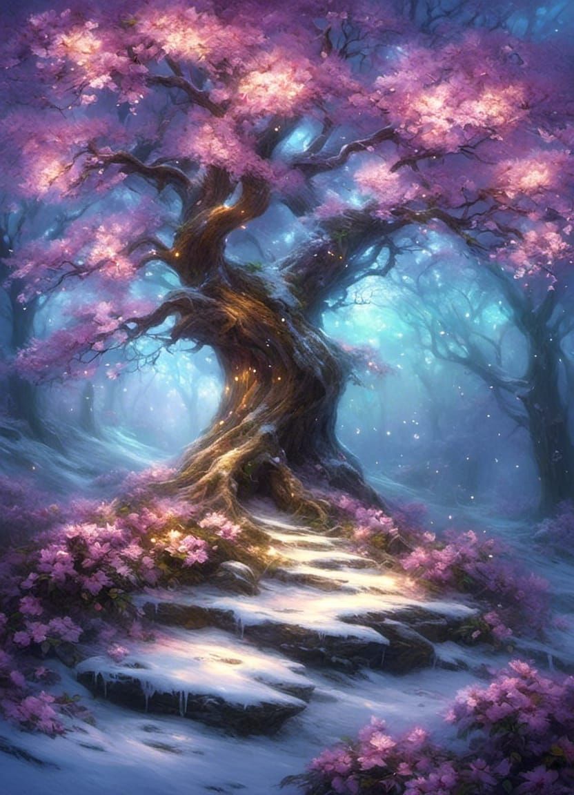 Magical Glowing Tree in Winter with Flowers