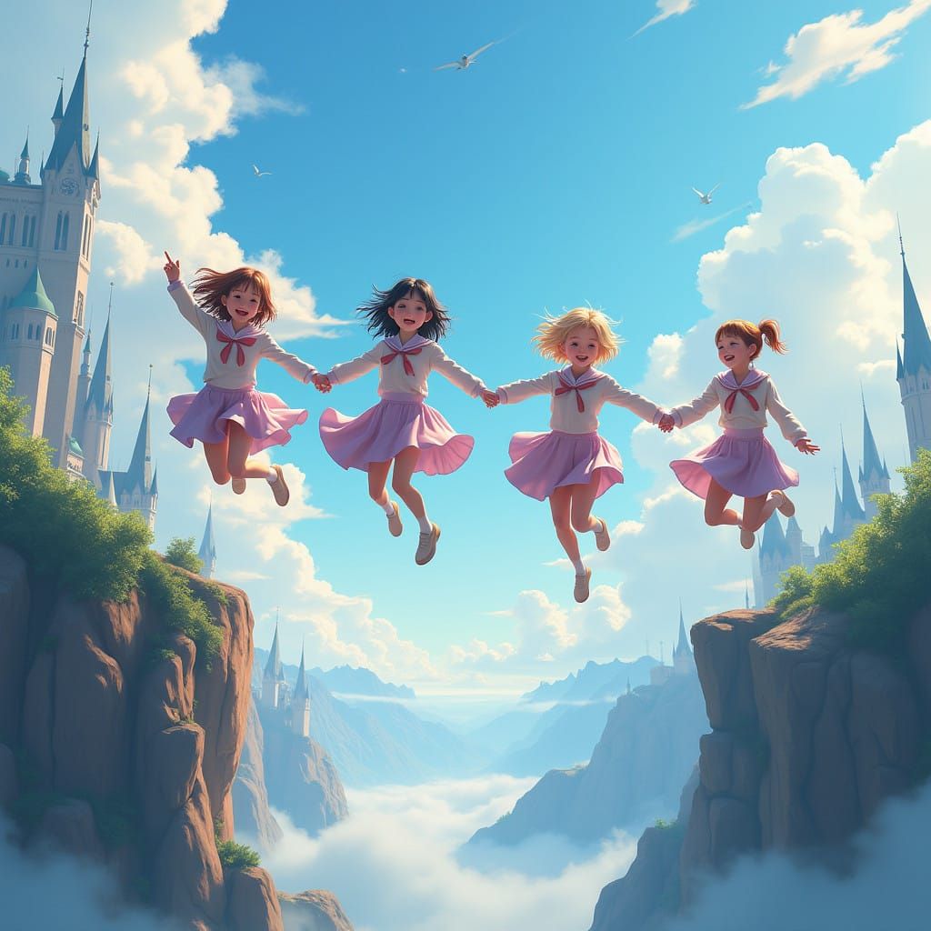 Joyful Leap of Fantasy Schoolgirls into a Dreamlike Landscap...
