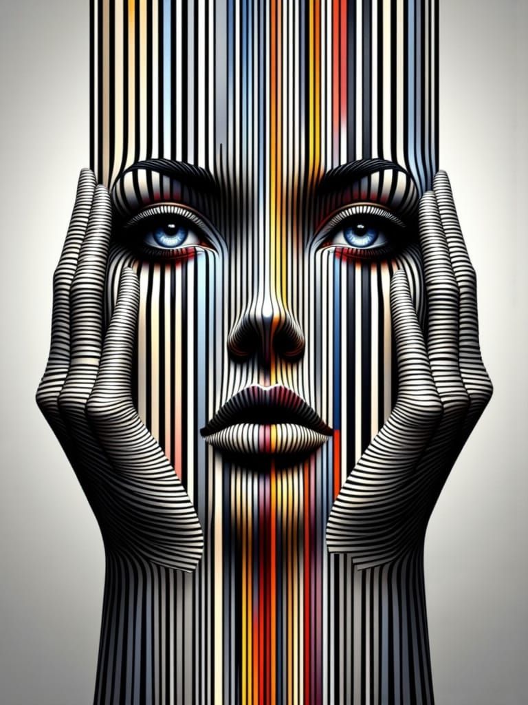 Symmetrical Futuristic Face in Vibrant Op Art Style