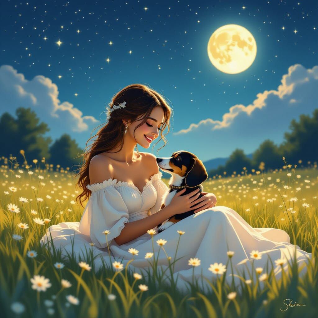 Dreamlike Meadow: Woman and Dachshund Under Stars