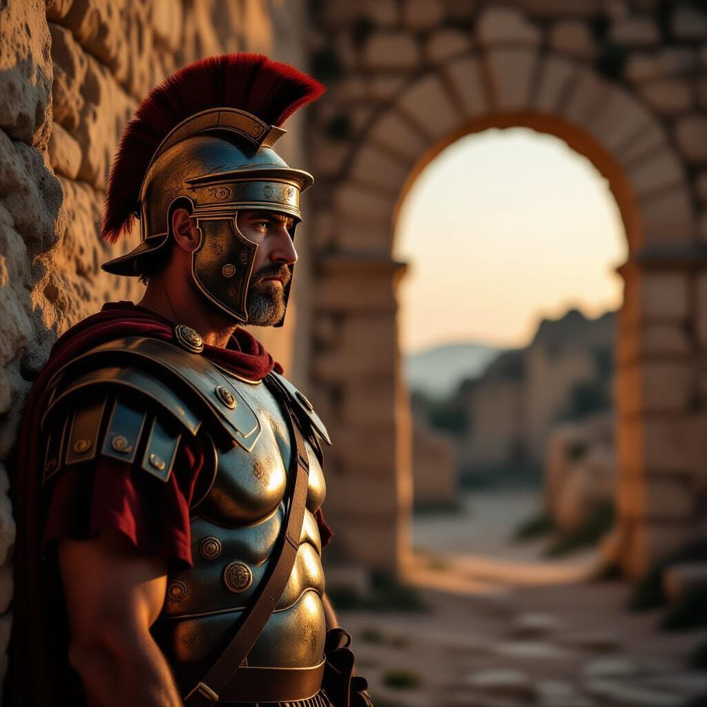 Ancient Roman Legionary Guards Crumbling Archway at Dusk