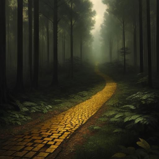 Golden Brick Road in Dark Fantasy Forest