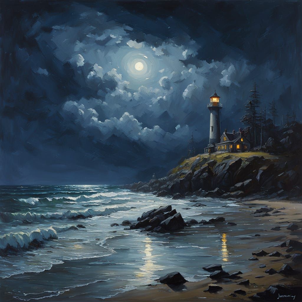 Gloomy Coastline Under Starry Night Sky