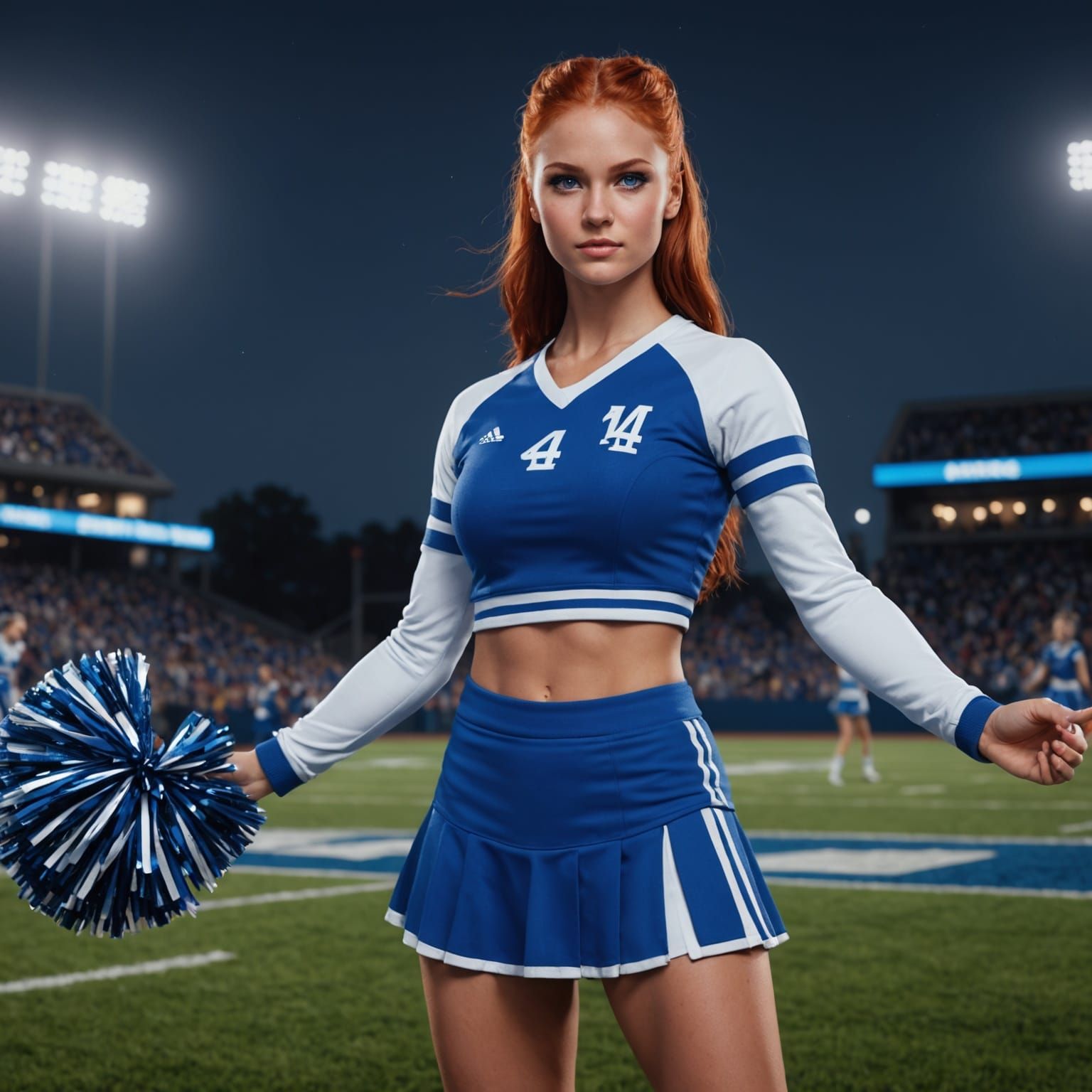 Cheerleader Posing on Field at Night in Digital Art