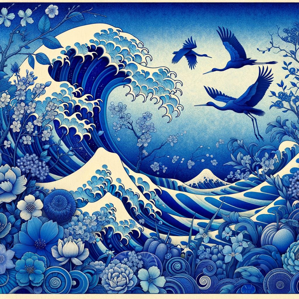 Blue Botanical Illustration in Japanese Woodblock Style