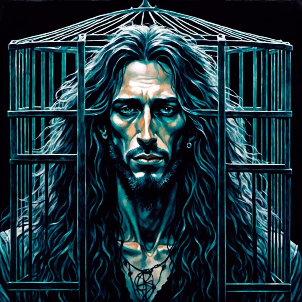 Man Trapped in Cage with Dark Vivid Colors