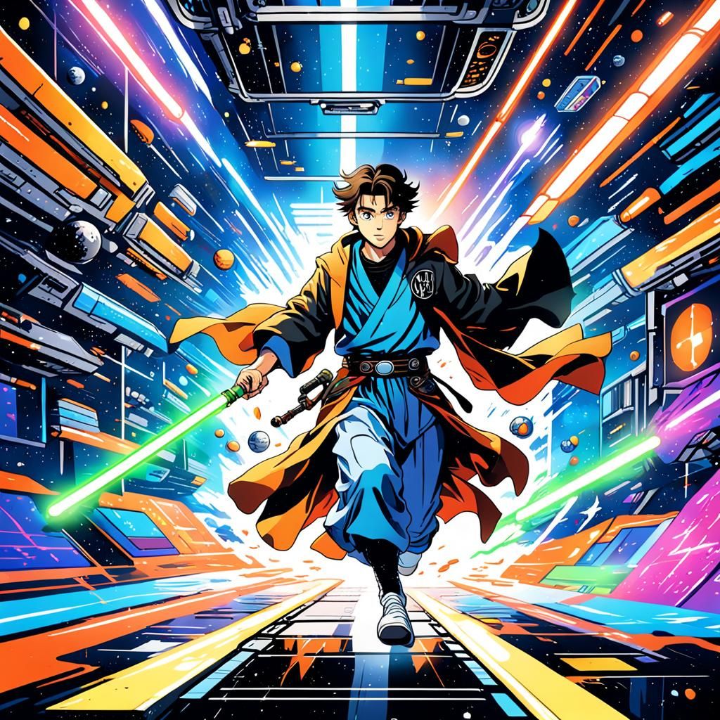 Jedi Wizard Leaping Through Space Station in 90s Anime Style