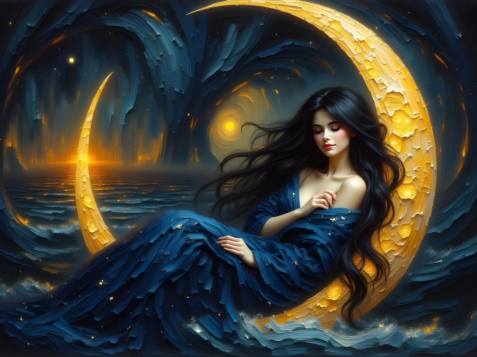 Norse Moon Goddess in Golden Crescent, Oil Painting Style