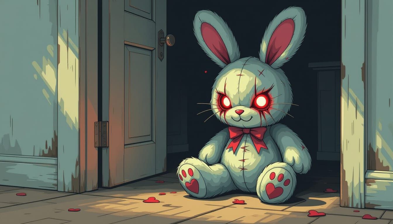 Sinister Bunny with Glowing Red Eyes in Abandoned Playroom