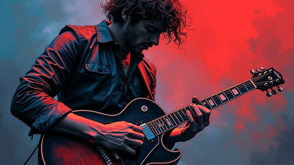 Rock Guitarist in Dramatic Ink Illustration