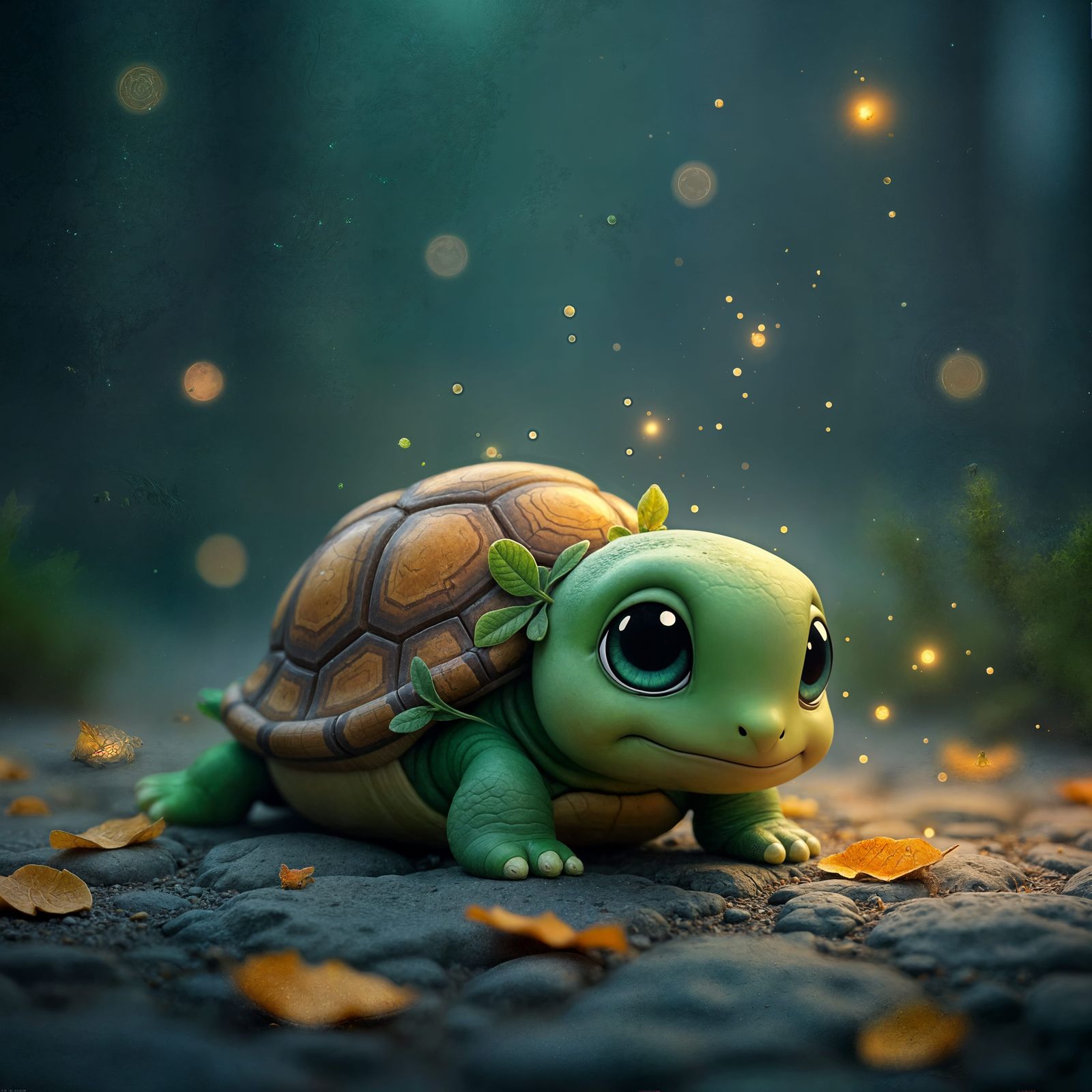 Cute Green Chibi Turtle Under a Night Sky